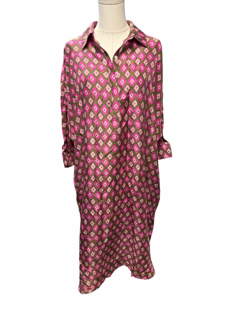 Gerard Darel Pink Geometric Satin Midi Shirt Dress